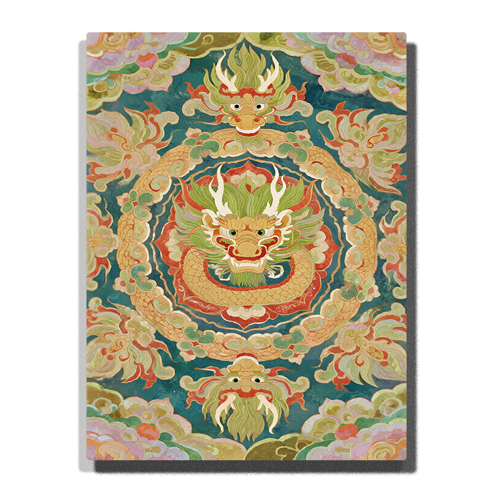 Circular oriental dragon mandala with traditional cloud motifs and layered decorative pattern in symmetrical design