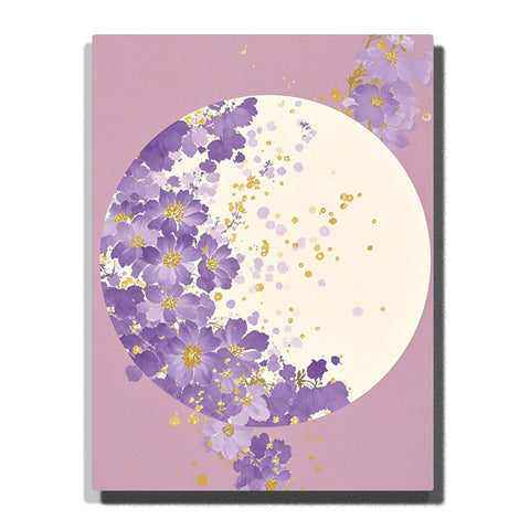 Purple cosmos flowers surrounding a luminous moon circle with golden floral accents and soft lavender botanical background Paint by Numbers artwork.