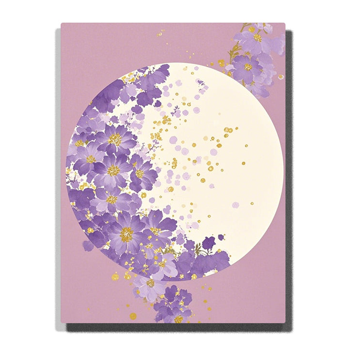 Purple cosmos flowers surrounding a luminous moon circle with golden floral accents and soft lavender botanical background Paint by Numbers artwork.