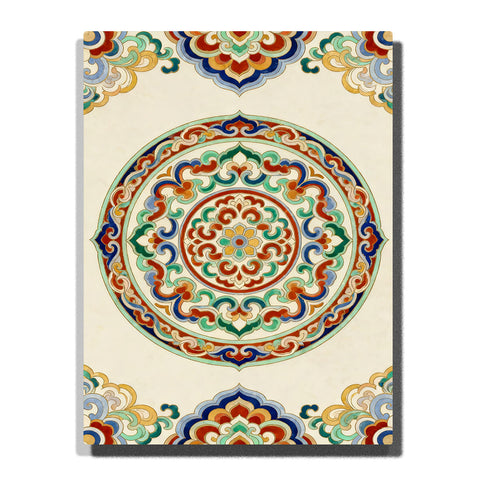 Ornamental palace medallion with circular symmetry and multicolor decorative scroll motifs in structured pattern