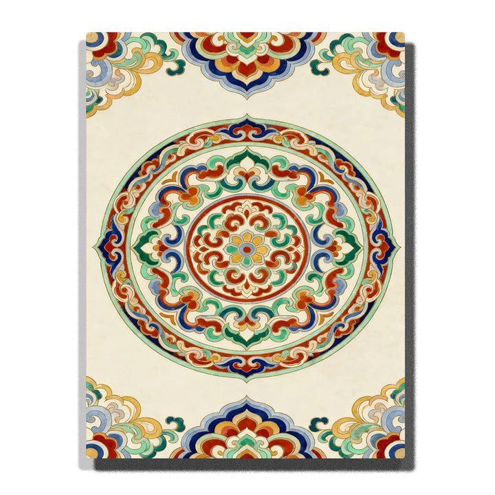 Ornamental palace medallion with circular symmetry and multicolor decorative scroll motifs in structured pattern