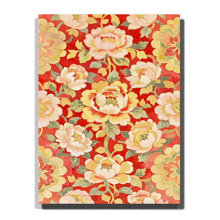 Allover peony floral pattern with layered blossoms on rich red background in decorative wallpaper-style composition