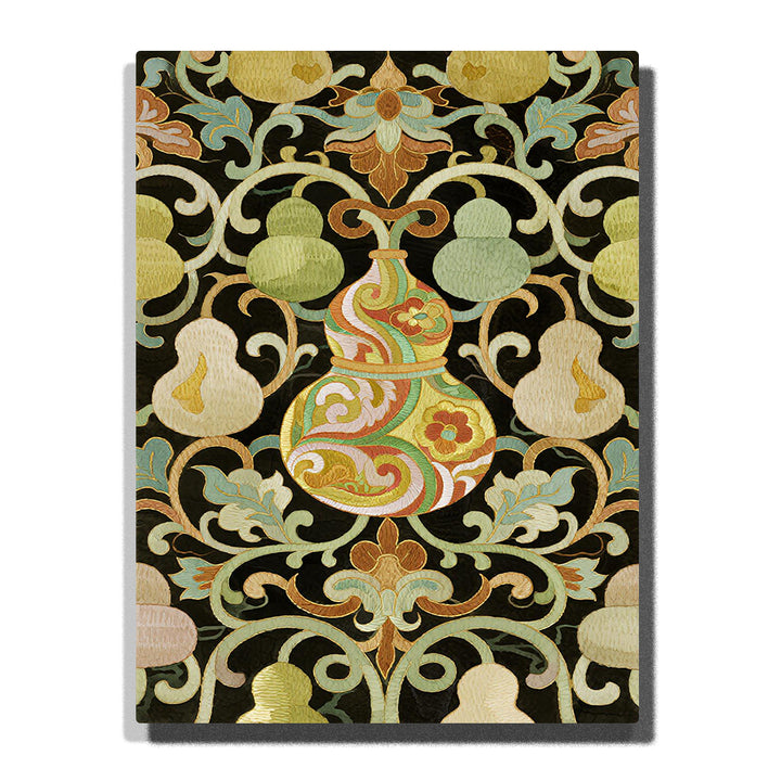 Auspicious gourd motif with symmetrical vine scroll and decorative floral pattern on dark background
