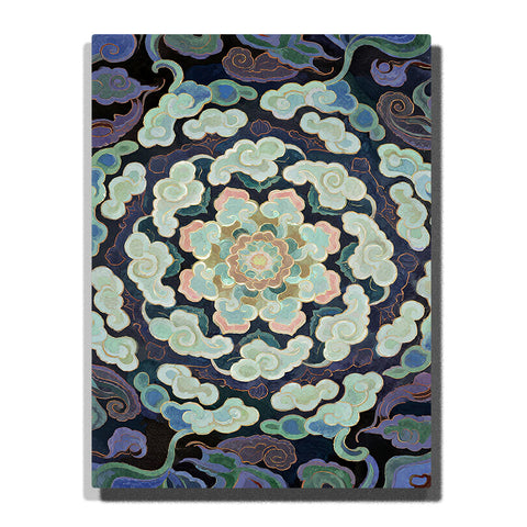 Paint by numbers celestial cloud spiral motif with radial flow pattern in deep blue and green tones, abstract decorative wall art
