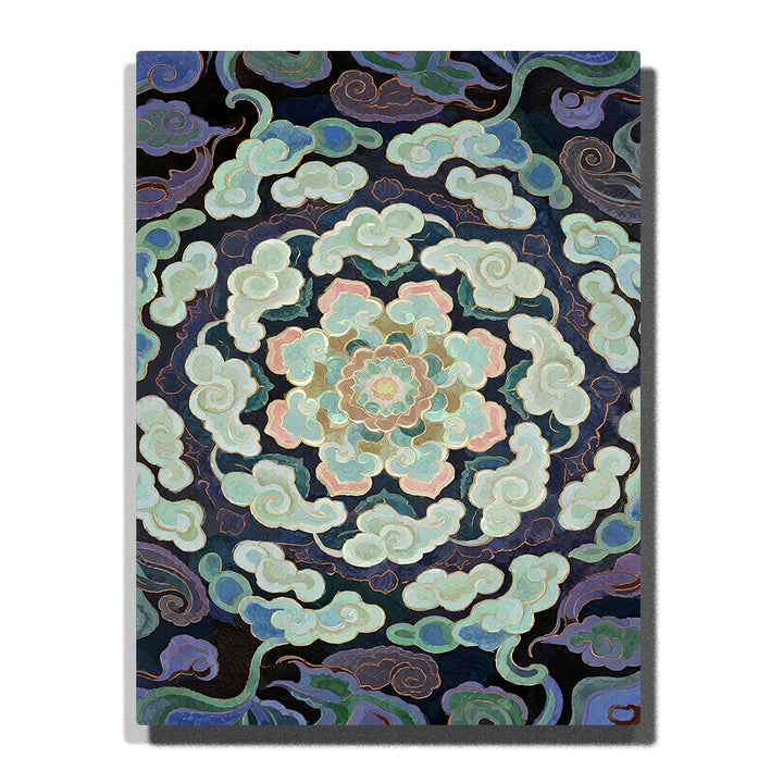 Paint by numbers celestial cloud spiral motif with radial flow pattern in deep blue and green tones, abstract decorative wall art