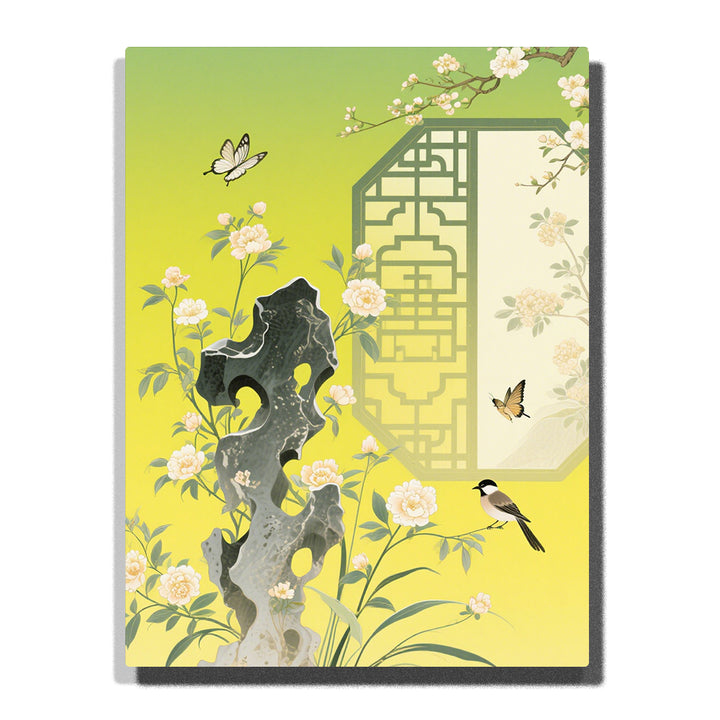 Butterfly and white peony floral garden with traditional lattice screen, soft green-yellow gradient background, elegant oriental decorative floral Paint by Numbers artwork.