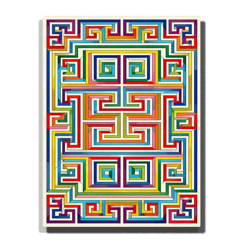 Multicolor geometric maze with layered Greek key pattern and symmetrical angular lines in a bold decorative abstract design