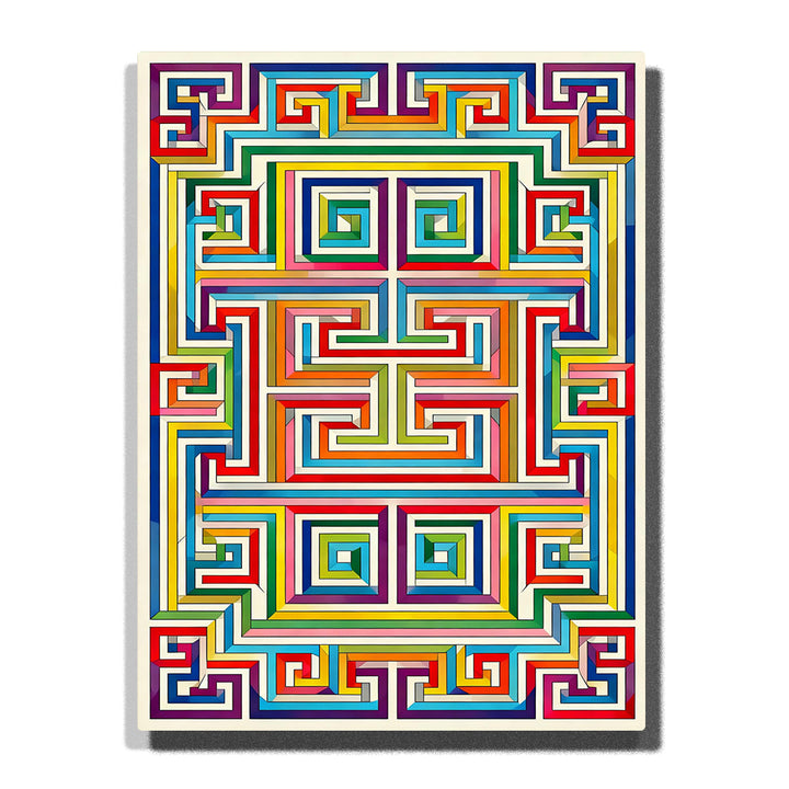 Multicolor geometric maze with layered Greek key pattern and symmetrical angular lines in a bold decorative abstract design