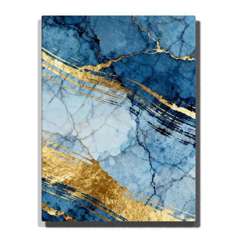 Paint by numbers crosscut marble planes with bold gold brush sweep accents, blue stone texture and cracked mineral pattern, modern abstract wall art