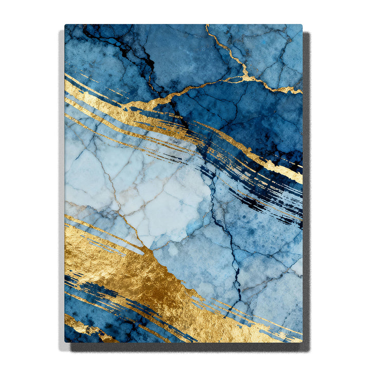 Paint by numbers crosscut marble planes with bold gold brush sweep accents, blue stone texture and cracked mineral pattern, modern abstract wall art