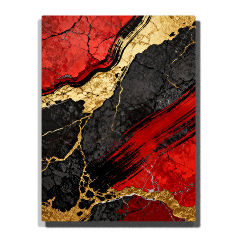 Paint by numbers blazing red streak with black fractured surface and flowing gold veins, dynamic abstract wall art