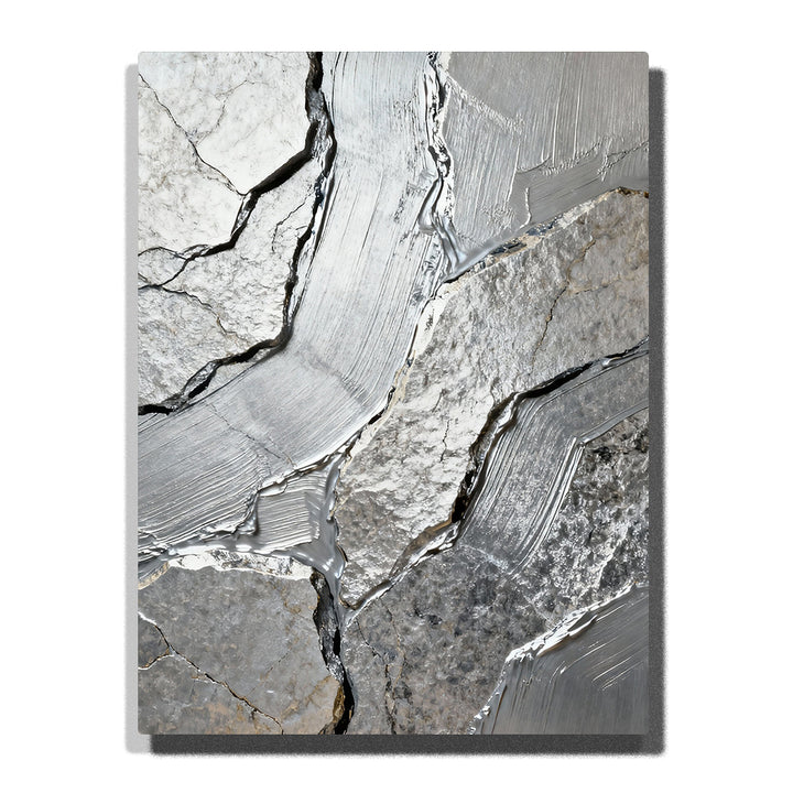 Paint by numbers molten silver veins flowing through fractured stone with brushed metallic texture, modern abstract wall art