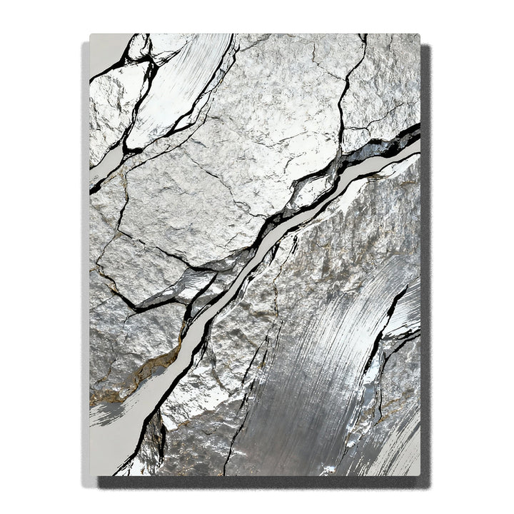 Paint by numbers silver vein fracture with brushed steel texture and layered stone surface, modern minimalist wall art