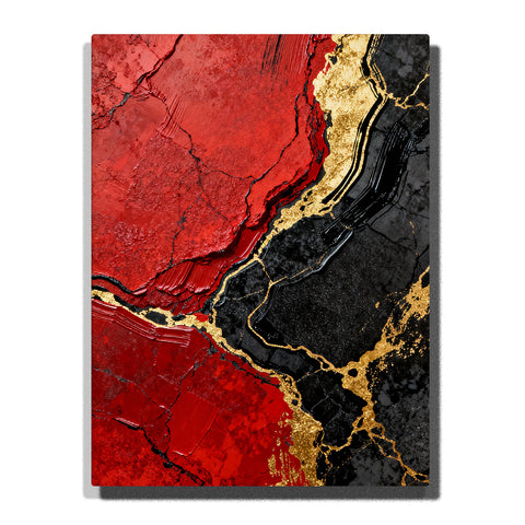 Paint by numbers bold red and black stone with gold fracture seam and textured mineral surface, modern abstract wall art