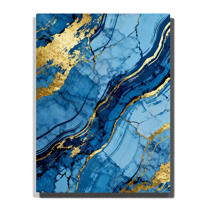 Paint by numbers flowing indigo veins with gold leaf currents and fluid marble texture, modern abstract wall art