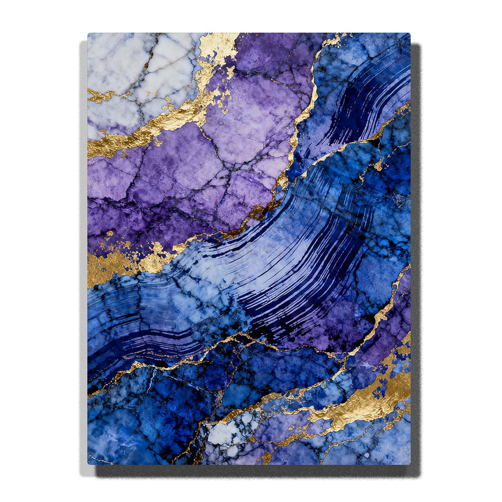 Paint by numbers violet gemstone fields with indigo sweep currents and gold fracture lines, blue purple marble texture abstract wall art