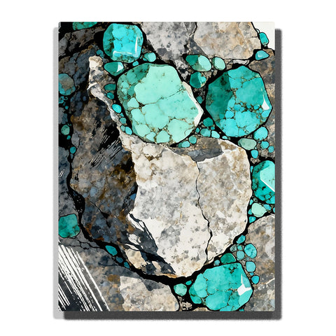 Paint by numbers artwork of veined mineral fragments with aquamarine inclusions, pale stone slabs, smoky ink textures, and bold black fissures