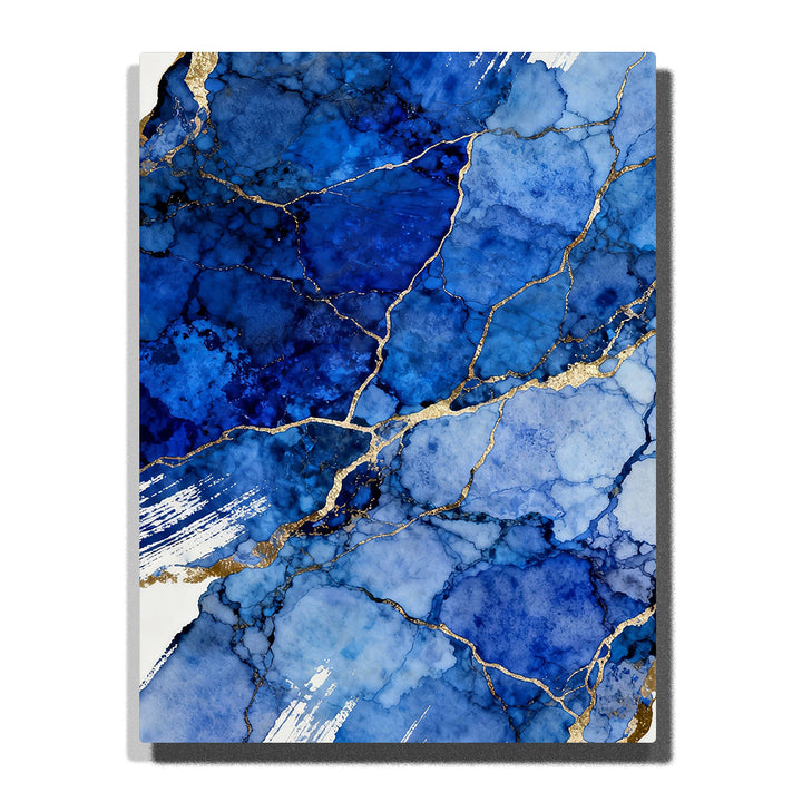 Paint by numbers fractured blue stone with gold veins and flowing brush strokes, modern abstract wall art