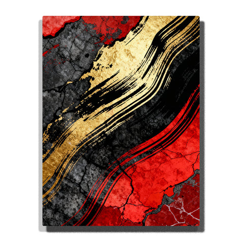 Paint by numbers cracked red and black mineral surface with radiant gold brushstrokes, intense abstract wall art