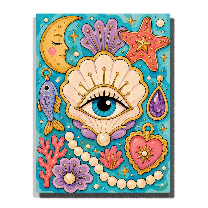 All-Seeing Eye in a Seashell with Moon and Pearls artwork displayed on a white background