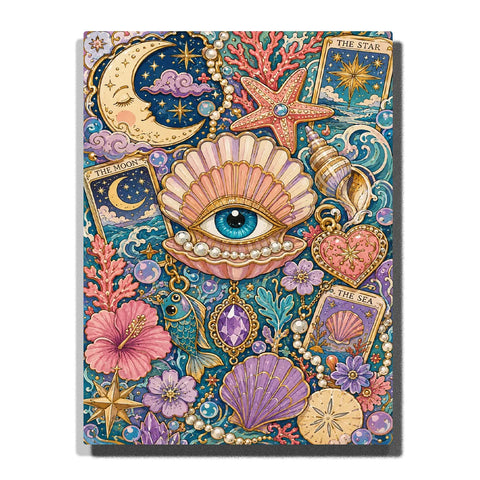 Paint by numbers celestial ocean collage featuring an eye inside a pink seashell, crescent moon, starfish, tarot cards, pearls, coral, colorful shells, flowers, and mystical sea motifs.