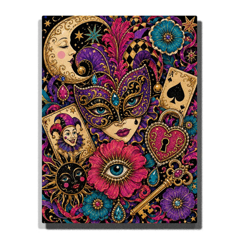 Creepy Paint by Numbers For Adults featuring jeweled Gothic masquerade mask with crescent moon, mystical eye flower, jester card, Ace of Spades, heart lock and golden key