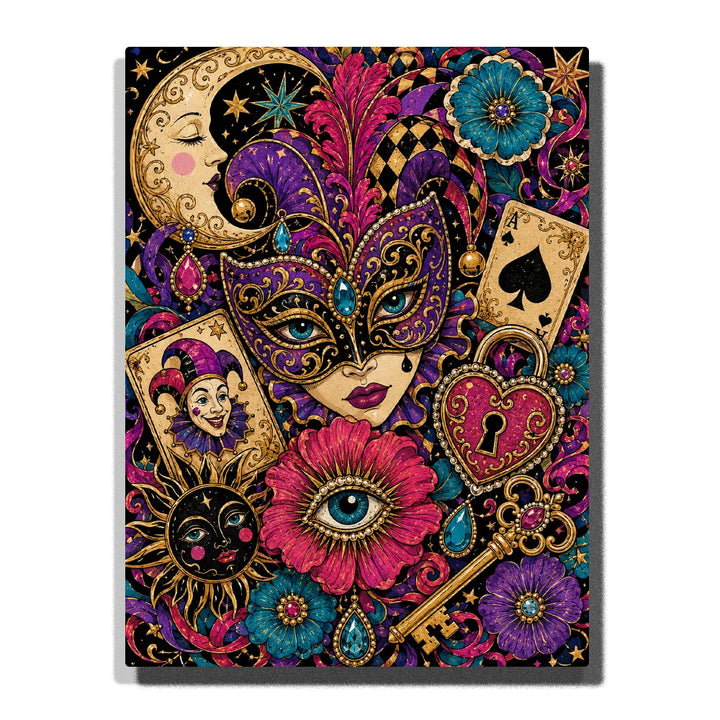 Creepy Paint by Numbers For Adults featuring jeweled Gothic masquerade mask with crescent moon, mystical eye flower, jester card, Ace of Spades, heart lock and golden key