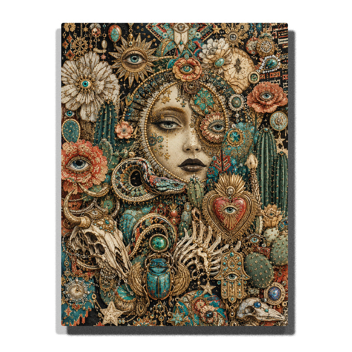 Gothic Woman with Jeweled Eyes, Scarab and Skeletal Hands artwork displayed on a white background
