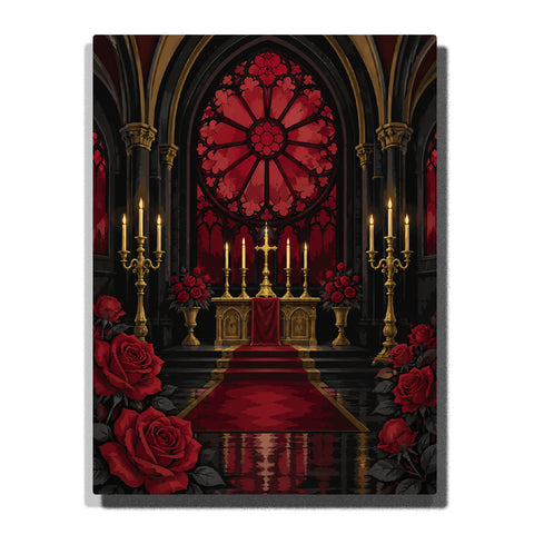 Gothic chapel altar with red rose stained glass window, candlelit gold altar, red roses, dark arches, and dramatic religious Paint by Numbers wall art.