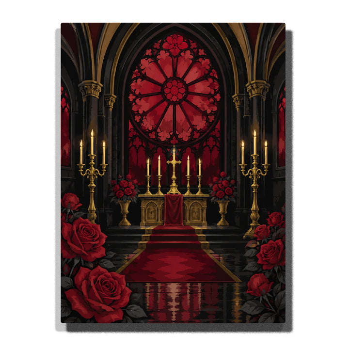 Gothic chapel altar with red rose stained glass window, candlelit gold altar, red roses, dark arches, and dramatic religious Paint by Numbers wall art.