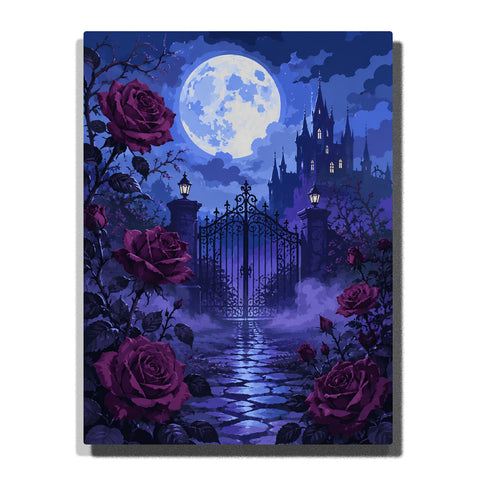 Moonlit gothic castle gate with purple roses, full moon, misty stone path, iron entrance, lanterns, and blue night garden Paint by Numbers wall art.