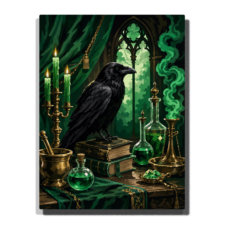 Gothic black raven perched on antique books with green candles, potion bottles, brass vessels, emerald crystals, and swirling smoke Paint by Numbers wall art.