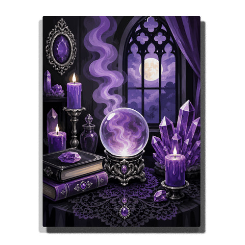 Purple crystal ball on a gothic table with violet candles, amethyst crystals, antique books, moonlit arched window, and swirling smoke Paint by Numbers wall art.