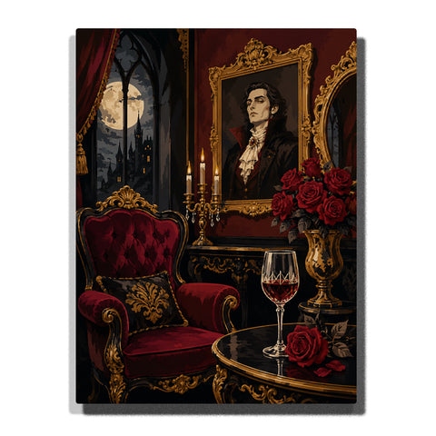 Gothic vampire parlor with red velvet armchair, moonlit arched window, candlelit table, wine glass, red roses, and ornate portrait Paint by Numbers wall art.