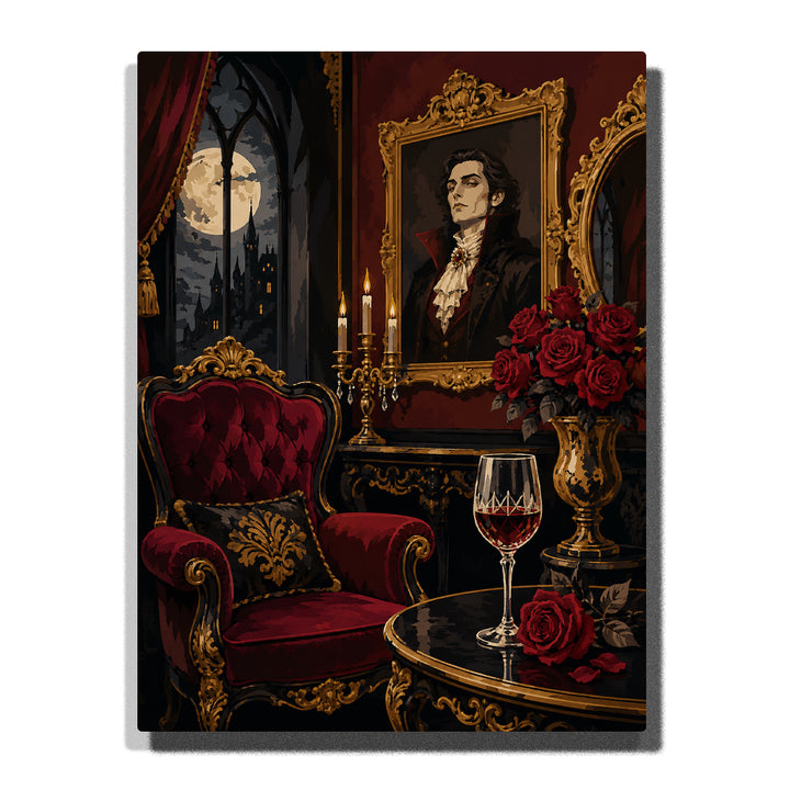 Gothic vampire parlor with red velvet armchair, moonlit arched window, candlelit table, wine glass, red roses, and ornate portrait Paint by Numbers wall art.