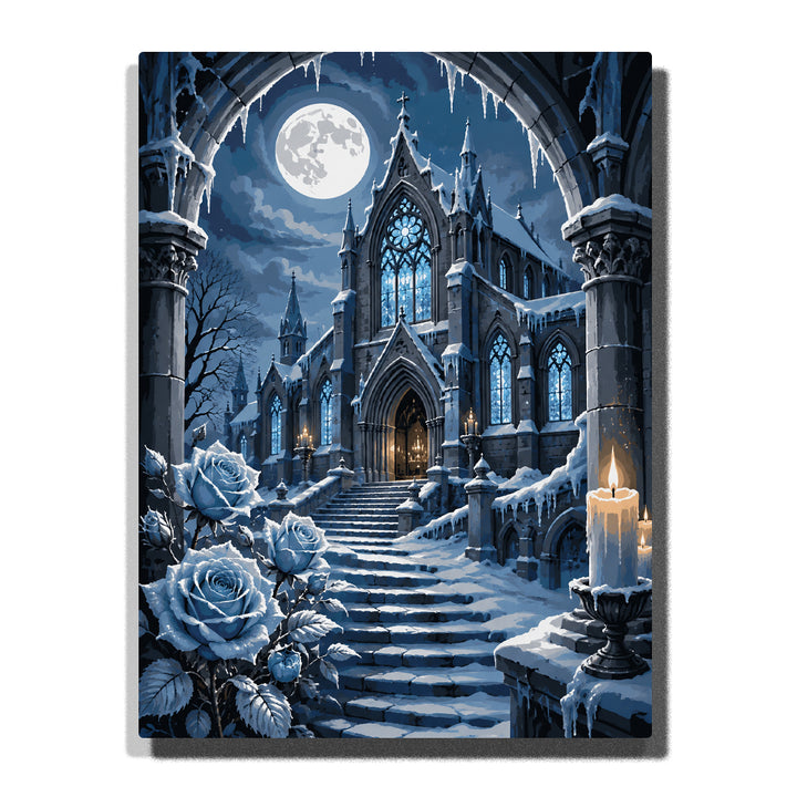 Snowy gothic cathedral under a full moon with blue roses, candlelight, icicles, arched stone entrance, and winter steps Paint by Numbers wall art.