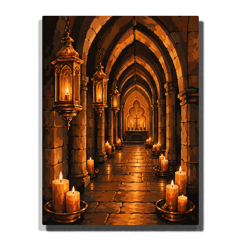 Candlelit gothic stone corridor with vaulted arches, hanging lanterns, glowing candles, reflective floor, and distant altar Paint by Numbers wall art.