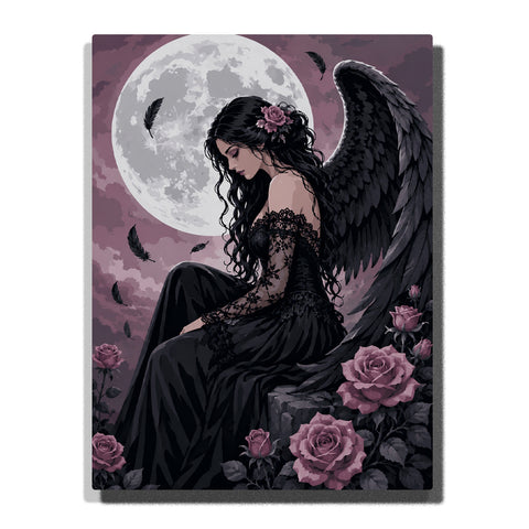 Dark angel with black wings sitting under a full moon, surrounded by mauve roses, falling feathers, and purple night clouds Paint by Numbers wall art.