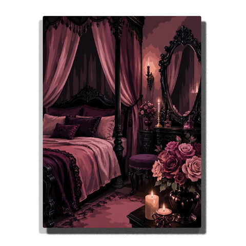 Gothic canopy bedroom with pink draped curtains, ornate black mirror, candlelit vanity, velvet pillows, and rose bouquet Paint by Numbers wall art.