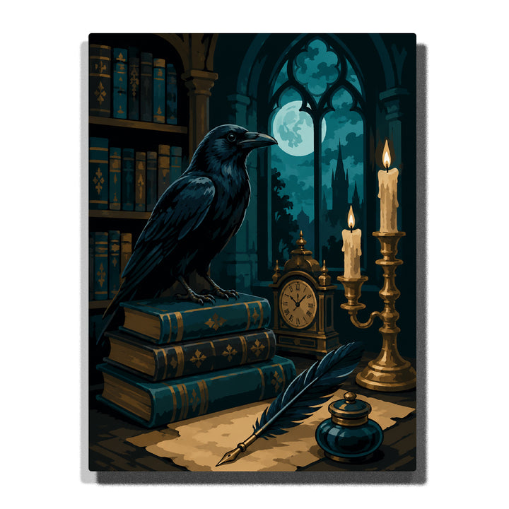 Gothic raven perched on antique books in a moonlit library with candles, vintage clock, feather quill, ink bottle, and arched window Paint by Numbers wall art.