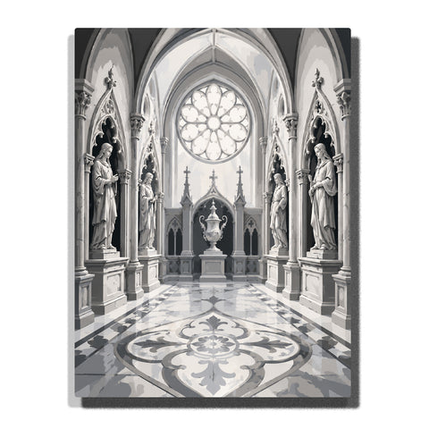 White gothic cathedral hall with marble statues, pointed arches, circular rose window, polished patterned floor, and neutral Paint by Numbers wall art.