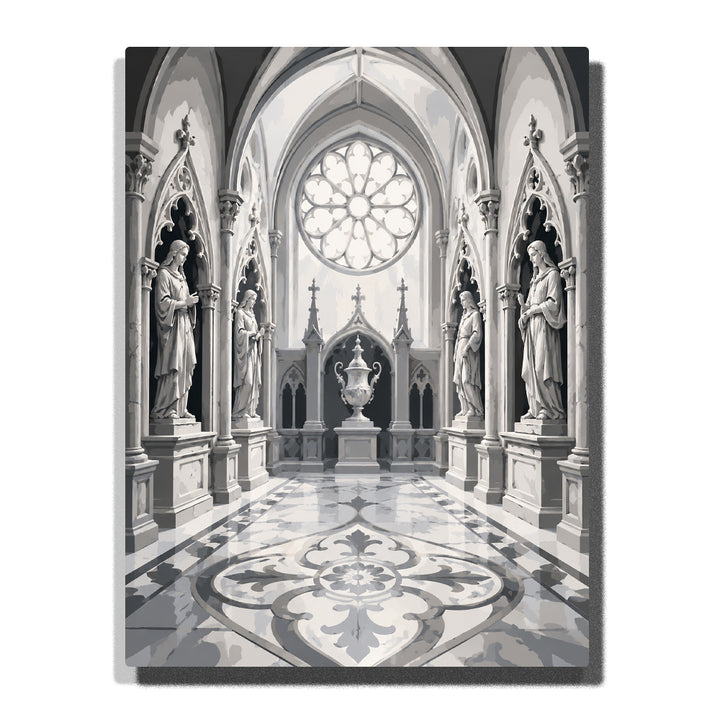 White gothic cathedral hall with marble statues, pointed arches, circular rose window, polished patterned floor, and neutral Paint by Numbers wall art.