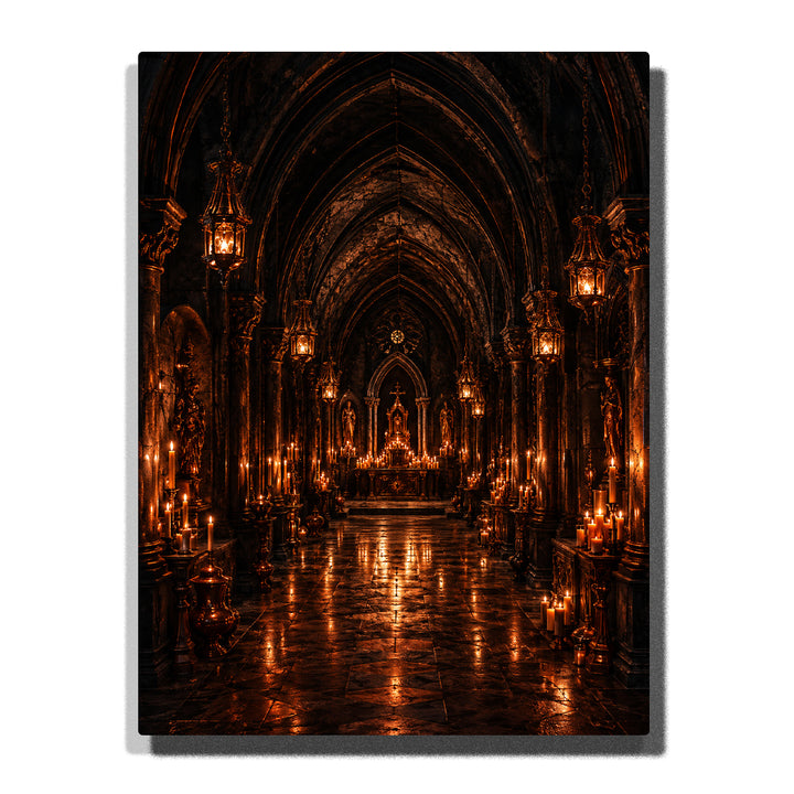 Candlelit gothic cathedral hall with vaulted arches, hanging lanterns, glowing altar, reflective stone floor, and dramatic dark interior Paint by Numbers wall art.