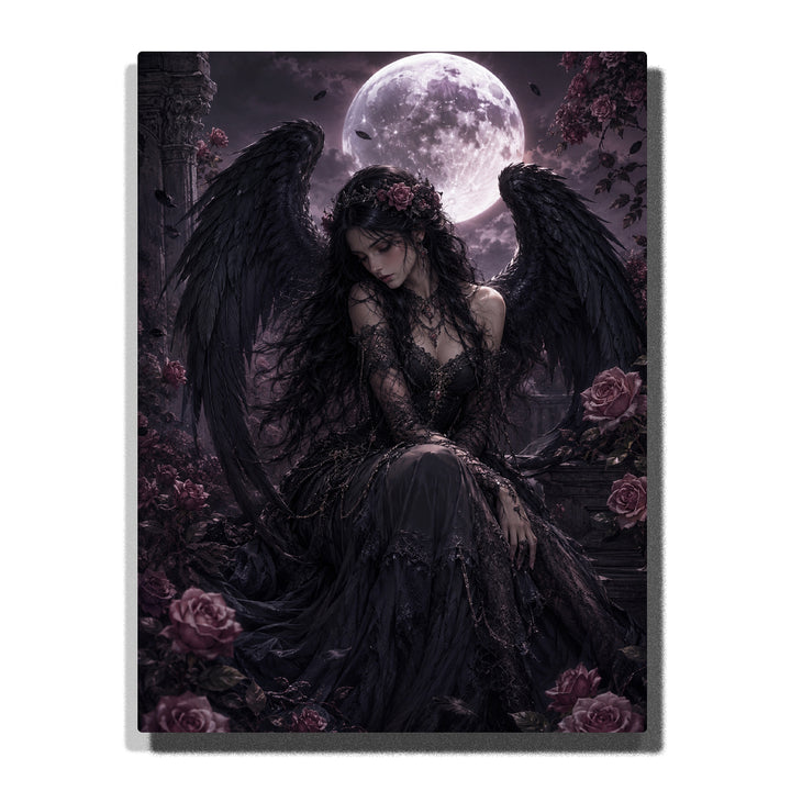 Dark gothic angel with black wings seated under a full moon, surrounded by dusky purple roses, falling feathers, stone ruins, and moonlit night clouds Paint by Numbers wall art.