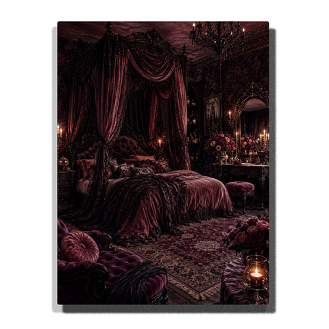 Dark gothic canopy bedroom with burgundy velvet drapes, candlelit mirrors, chandelier, ornate furniture, patterned rug, and romantic Paint by Numbers wall art.