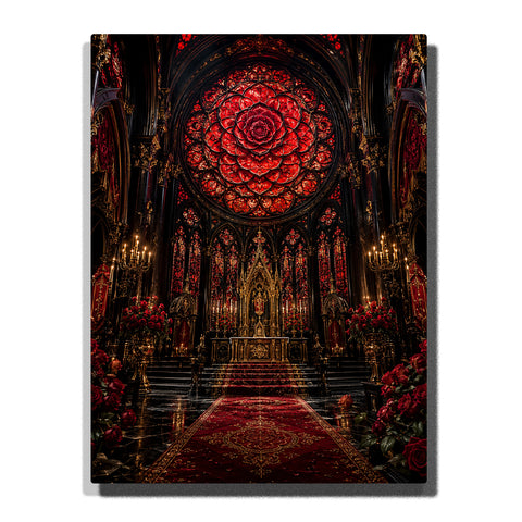Gothic cathedral altar with red rose stained glass window, black arches, gold sanctuary details, candlelit candelabras, red carpet, and roses Paint by Numbers wall art.
