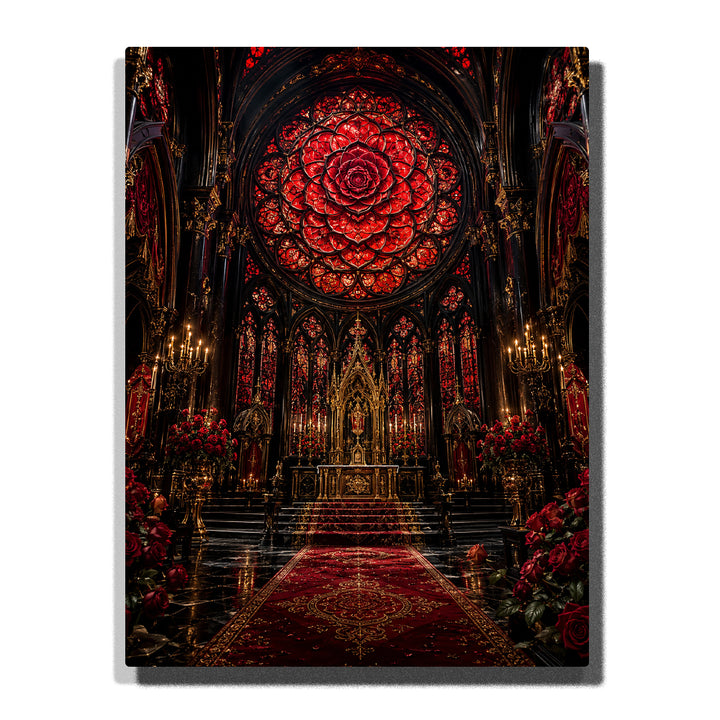 Gothic cathedral altar with red rose stained glass window, black arches, gold sanctuary details, candlelit candelabras, red carpet, and roses Paint by Numbers wall art.
