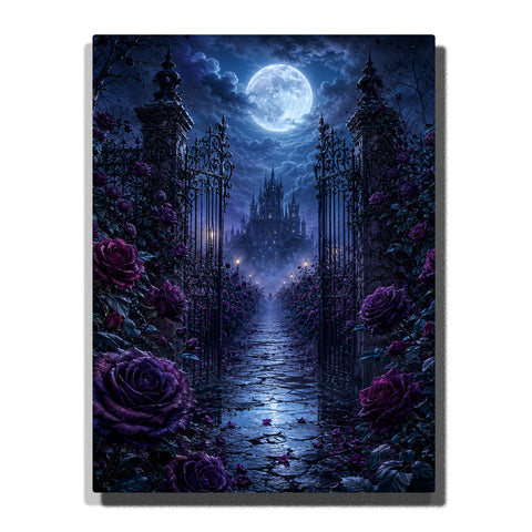 Moonlit gothic castle gate with purple rose garden, full moon, misty stone path, wrought-iron entrance, and distant castle Paint by Numbers wall art.