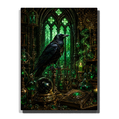 Gothic black raven in an emerald alchemy chamber with green stained glass, potion bottles, brass instruments, antique books, smoke, and candlelight Paint by Numbers wall art.