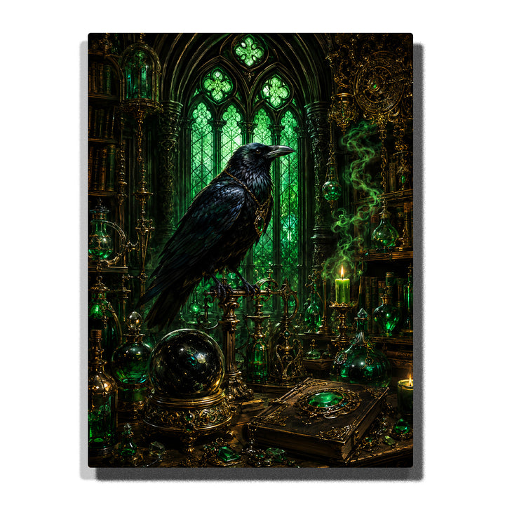 Gothic black raven in an emerald alchemy chamber with green stained glass, potion bottles, brass instruments, antique books, smoke, and candlelight Paint by Numbers wall art.